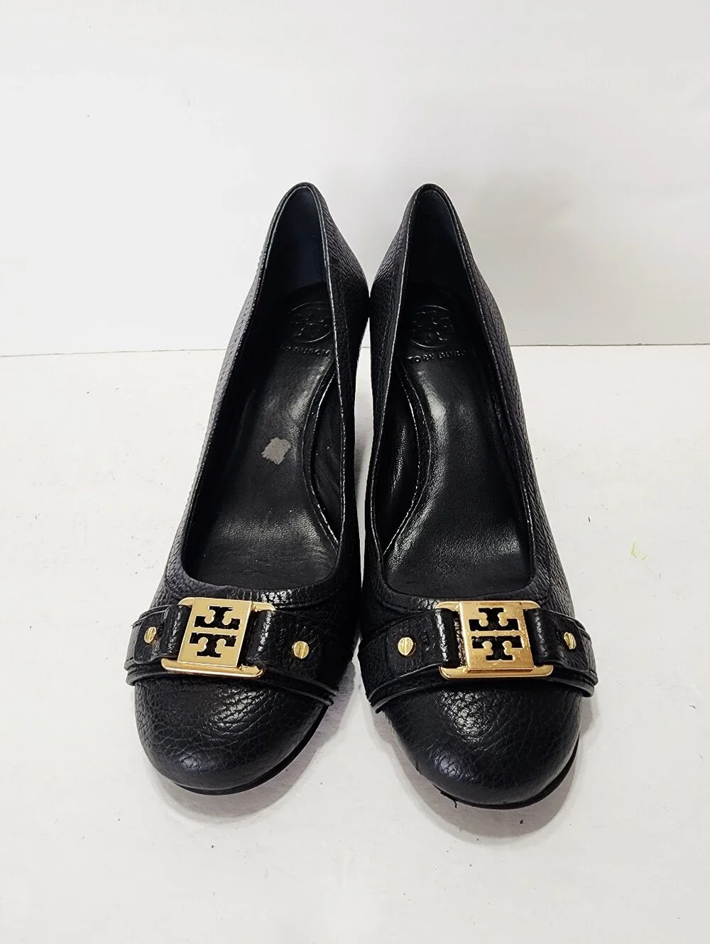 Tory Burch Black Leather Logo-Embellished Wedges Size 7.5